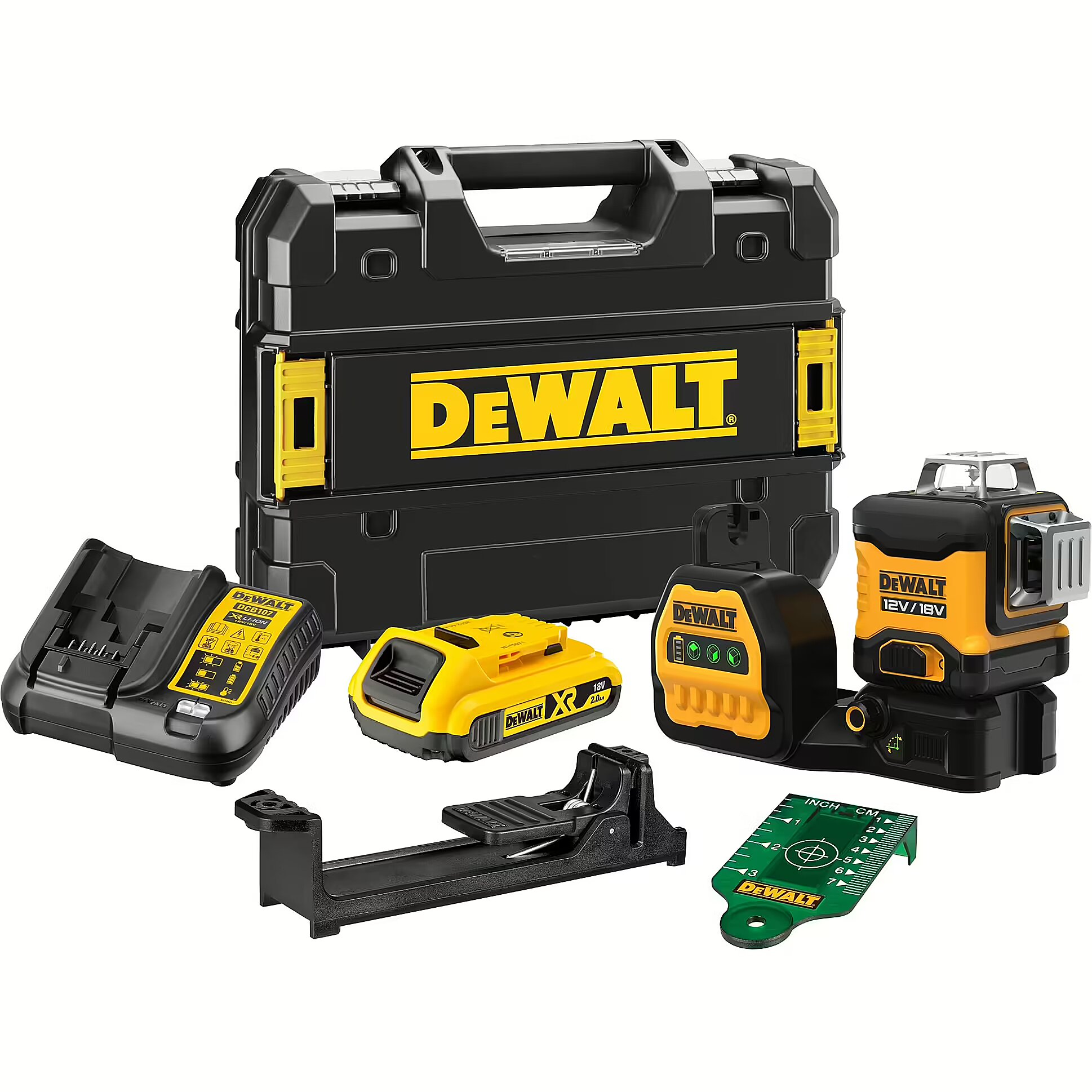 DeWALT battery powered multi line laser 3x360 DCE089D1G18 QW 18 volts cross line laser black yellow with green laser lines DCE089D1G18 QW